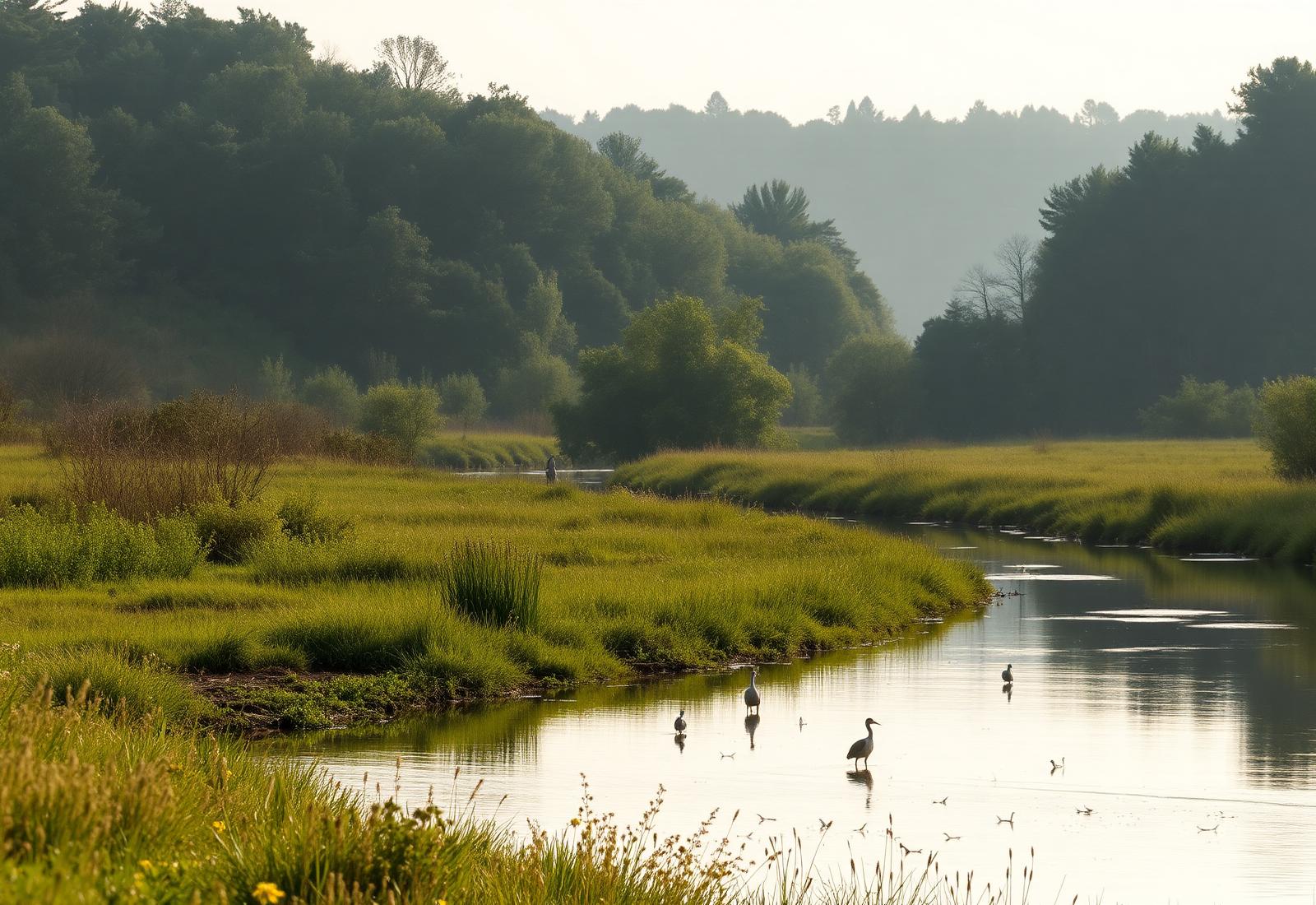 Paysage naturel de la vallée de la Somme, oiseaux et végétation